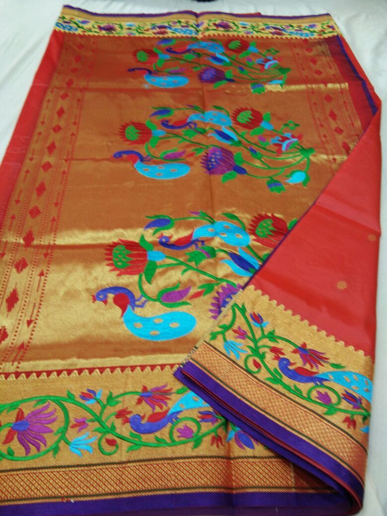 Red with Blue Border Peacock Designed Pallu Paithani Saree-PAITHANI-079