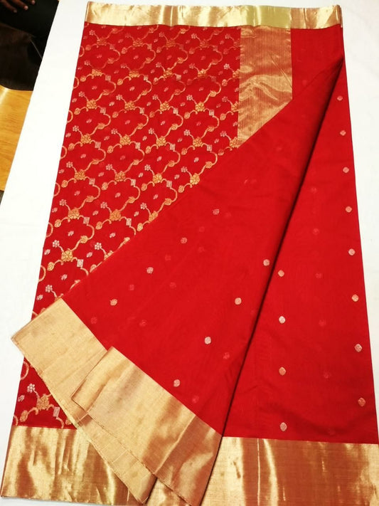 Red with Golden Chained Floral Zari Border Chanderi Silk Saree-CHANSRE-075