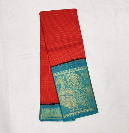 Red with Lightblue Madurai Sungudi Saree with Large Border