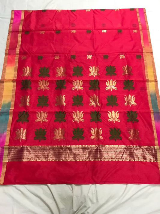 Red with Lotus Designed Muticolor Border Chanderi Silk Saree-CHANSRE-027