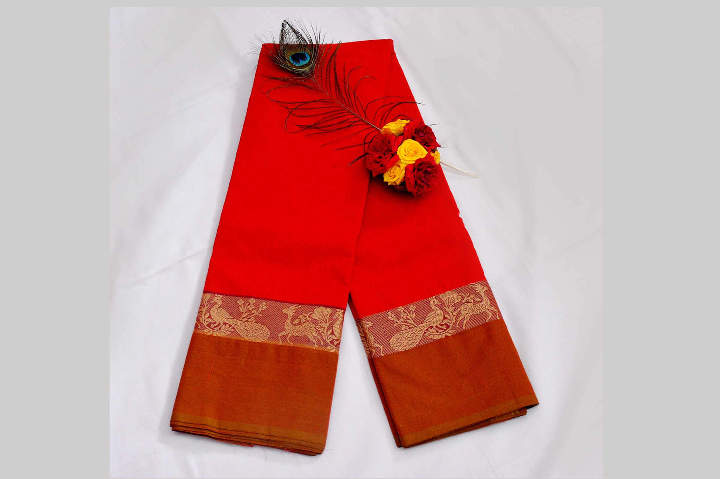 Red with Peacock and Deer Designed Brown Border Pure Handwoven Chettinad Cotton Saree-AKCHEDS-001