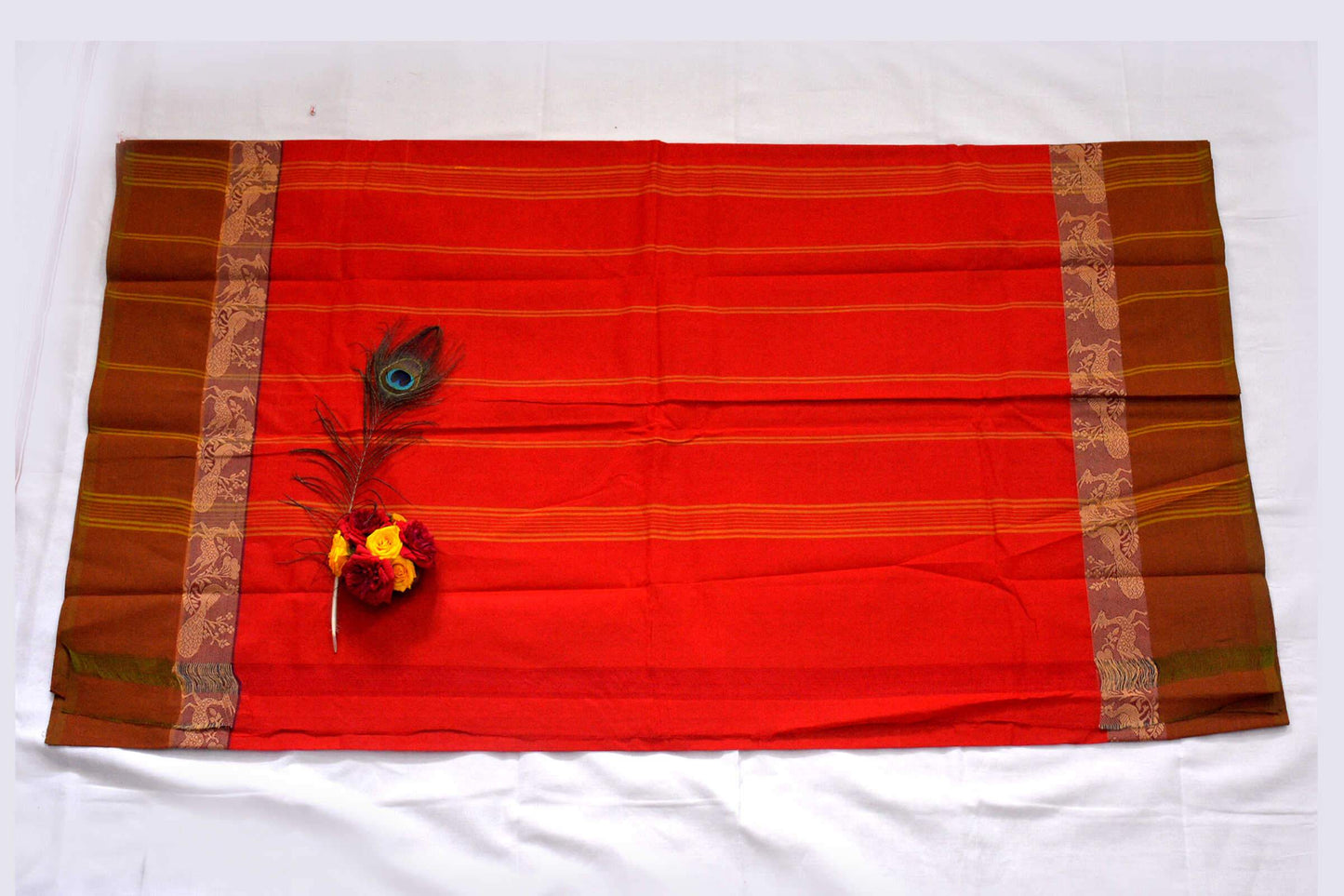 Red with Peacock and Deer Designed Brown Border Pure Handwoven Chettinad Cotton Saree