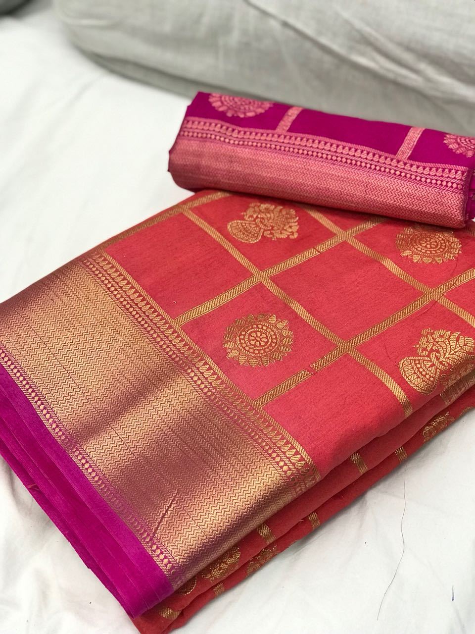 Red with Pink Border Banarasi Nylon Silk Saree pink coloured saree with magenta border partywear 