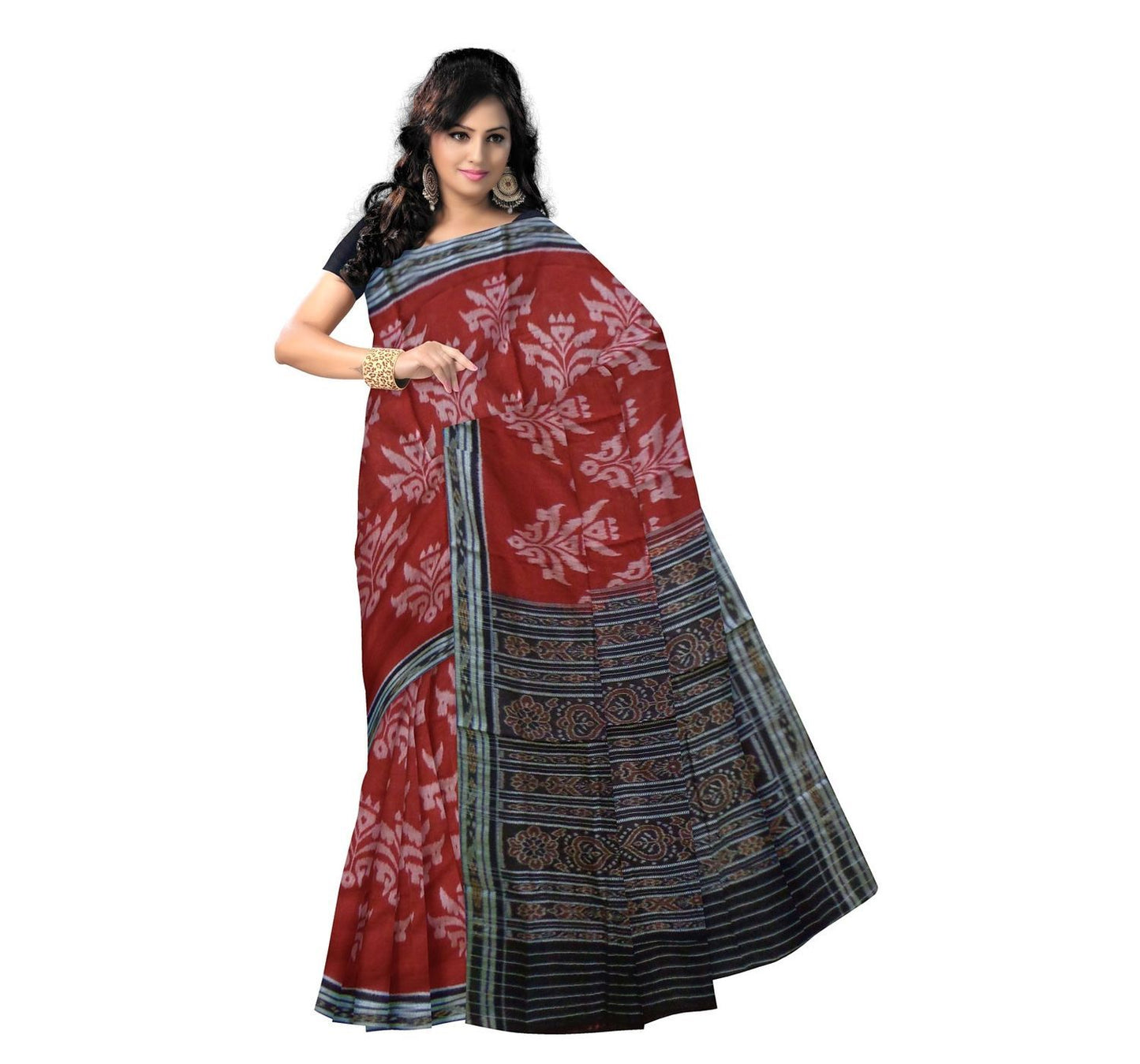 Red with White Floral Designed Handloom Cotton Saree-OSS7465