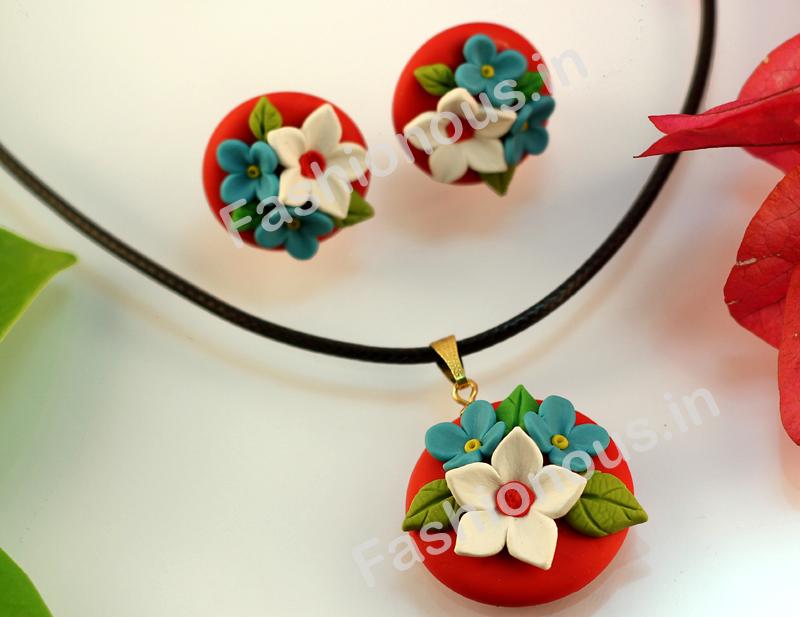 Red with White and Blue Floral Necklace and  Earrings-ZAPCNS-034