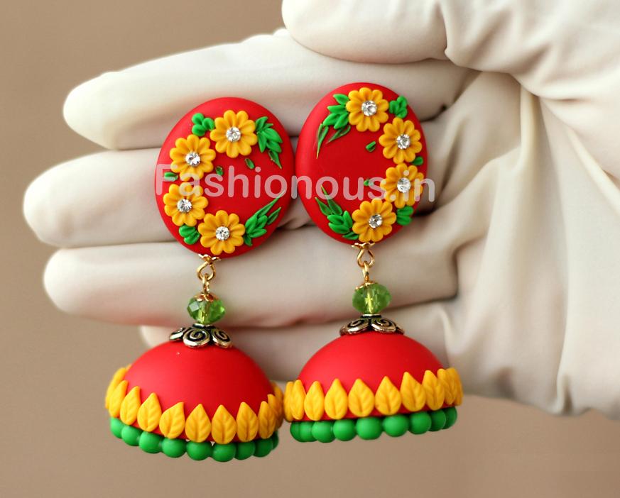 Red with Yellow Floral Jhumka-ZAPCJH-018