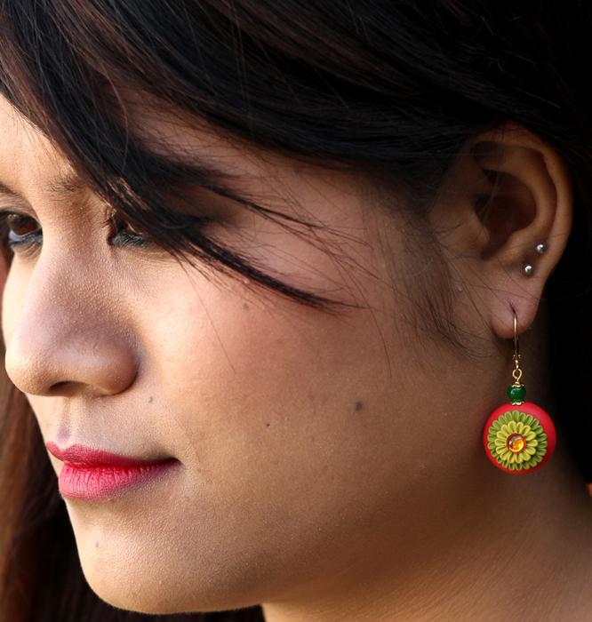 Red with Yellow Floral Polymer Clay Earrings-ZAPCJH-050