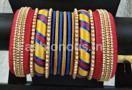 Red with Yellow and Blue Stone Worked Silk Thread Bangle Set-STJSW-039