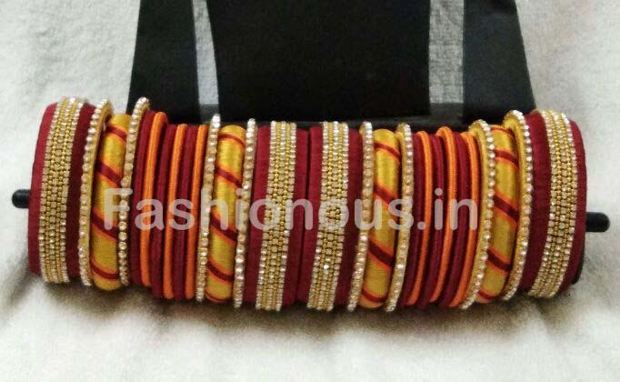 Red with Yellow and Orange Stone Worked Silk Thread Bangle Set-STJSW-040