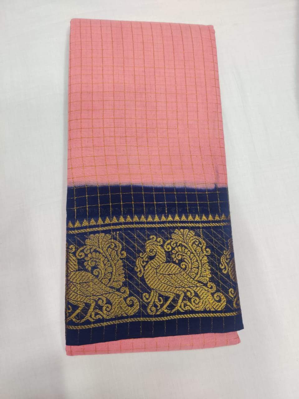 Rose Pink with Blue-Madurai Sungudi Sarees - Double side Jari Border