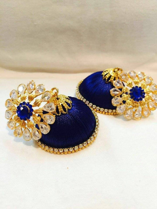 Royal Blue Flower attached Silk Thread Jhumkas