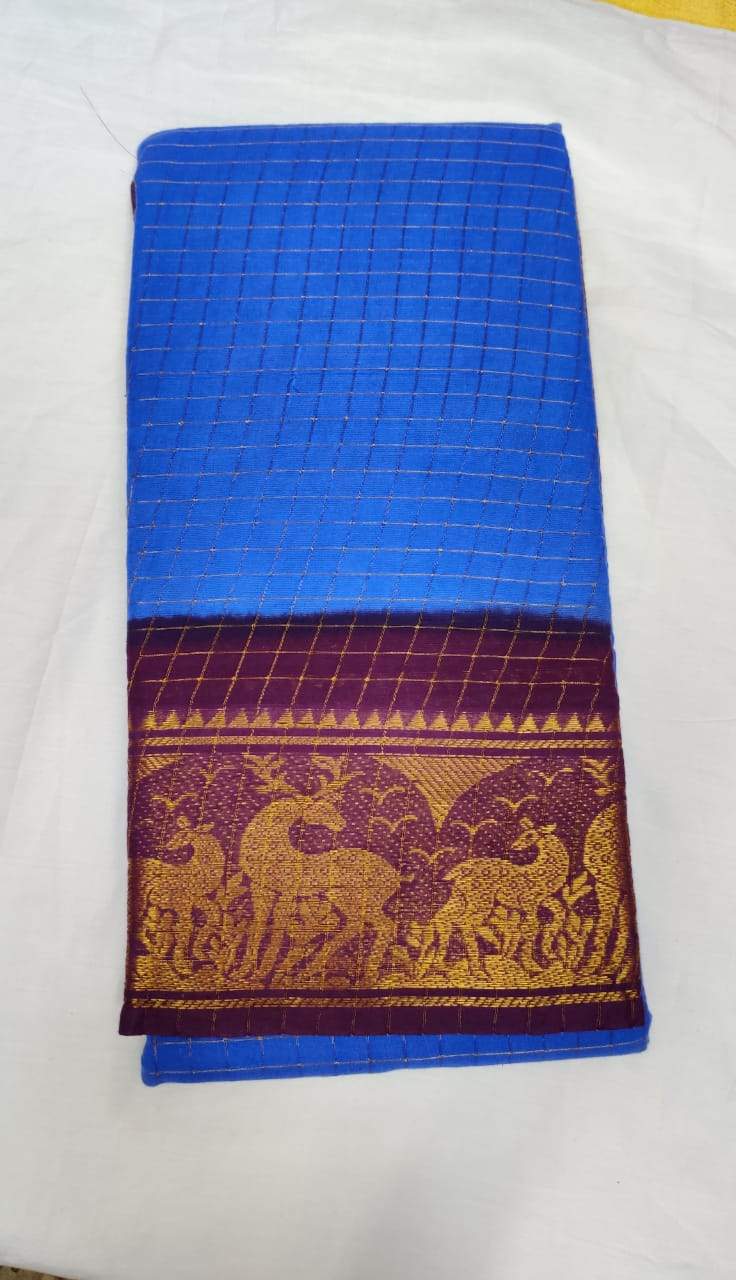 Royal Blue and Purple-Madurai Sungudi Sarees - Double side Jari Border