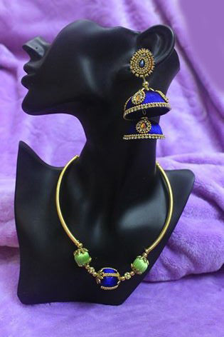 Royal blue and light green Silk Thread Jewellery Set