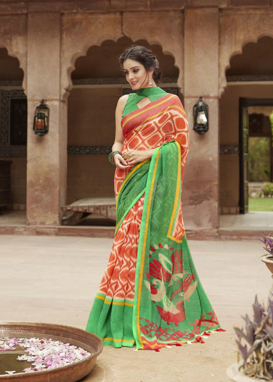 Rust Orange with Green Border Jute Saree- JS012