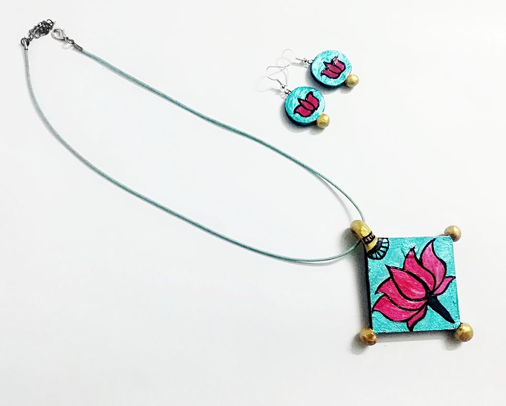 Lotus Love Double Side Art Jewel-SAJ004 Pink Lotus pendant and earrings for a traditional look.