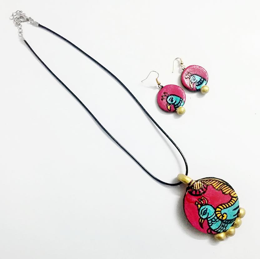 Chirping Bird Double Side Art Jewel-SAJ008 Blue and pink bird painted jewellery set 