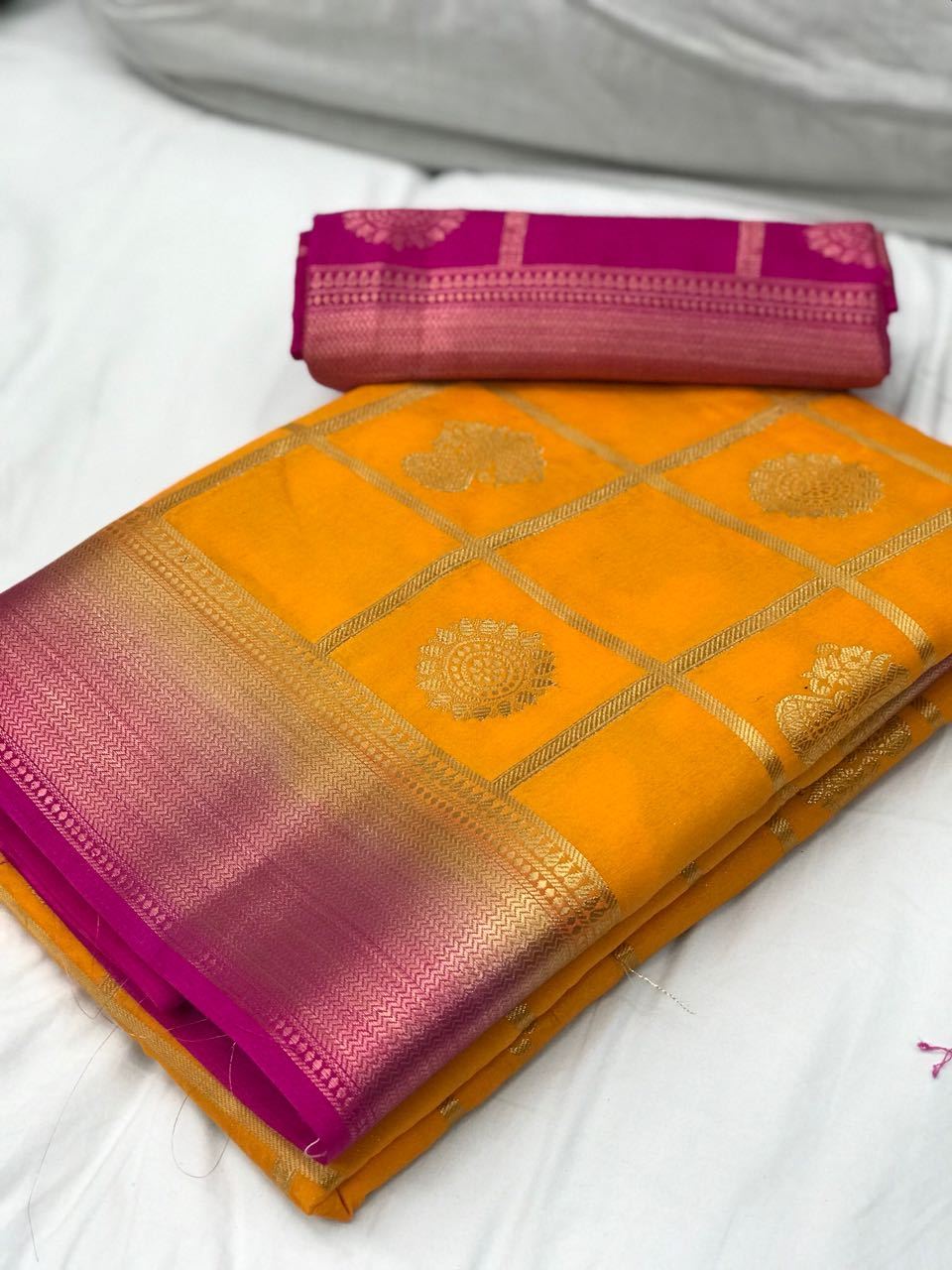 Saffron with Pink Border Banarasi Silk Saree-SRE-1100 orange and pink coloured partywear saree