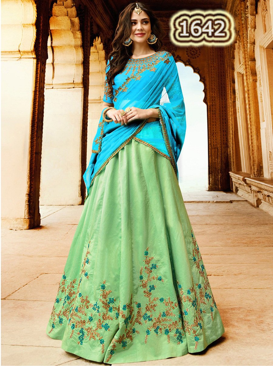 Sea Geen with Blue Floral Embroidery Banglori Silk Lehenga-LKELG-006