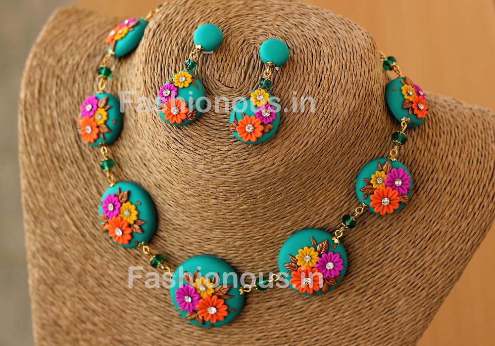 Sea Green Floral Necklace and Earrings-ZAPCNS-052