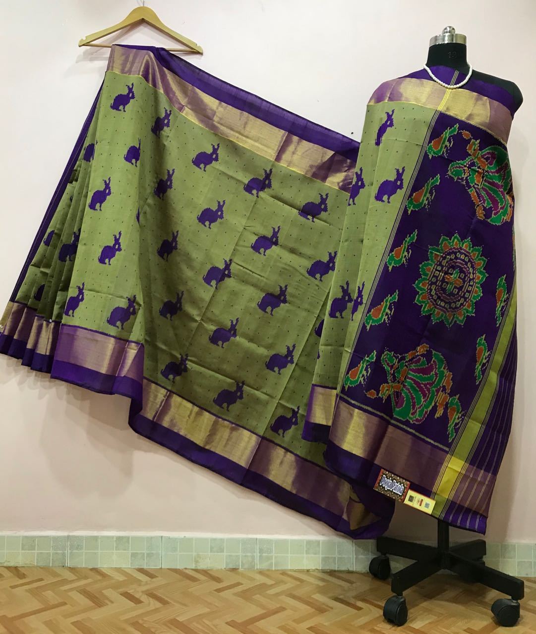 Sea Green Rabbit Designed with Blue Floral Patola Silk Saree-PPSRE-066