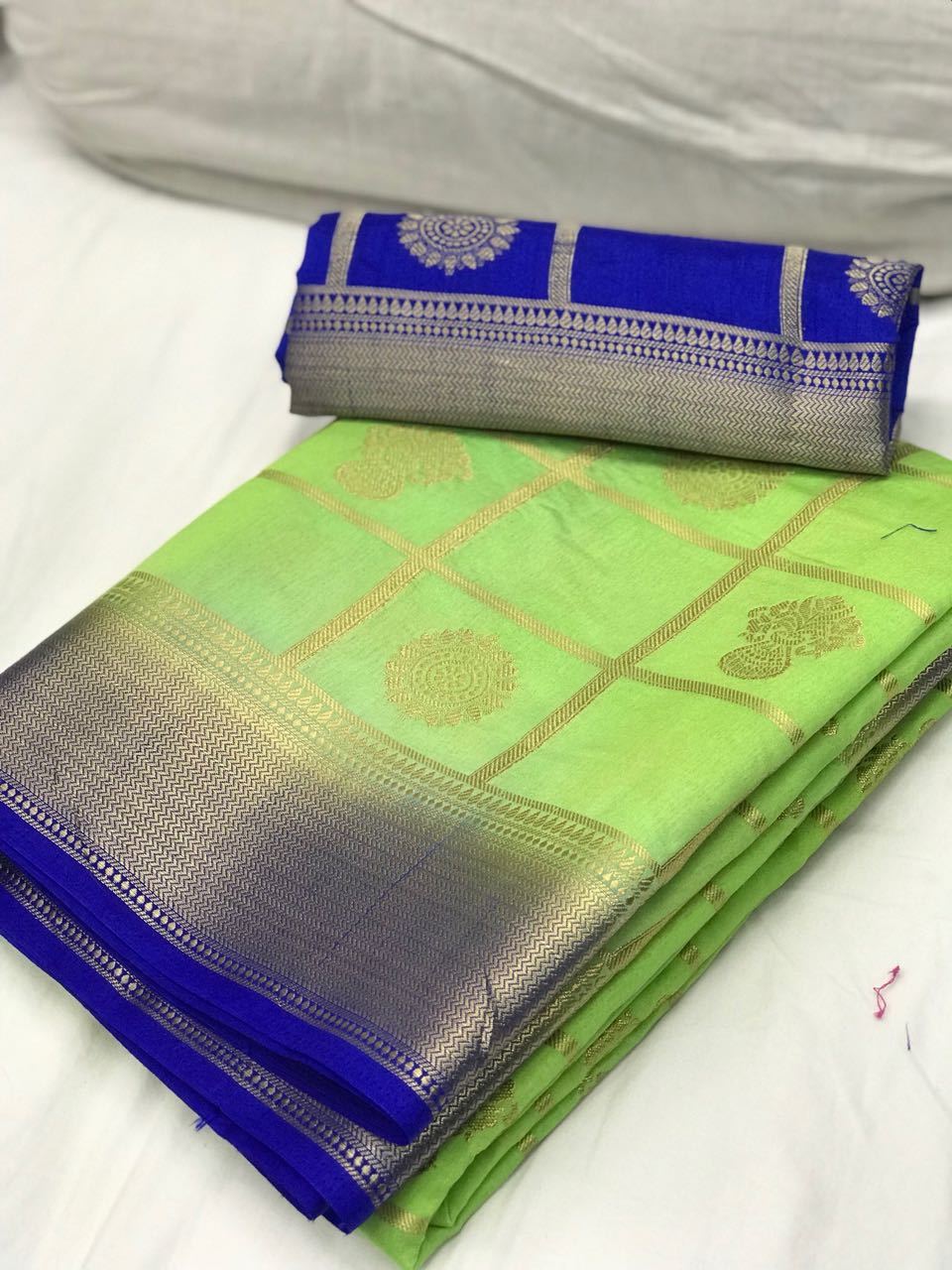Sea Green with Blue Border Banarasi Silk Saree-SRE-1097 light green coloured lightweight saree