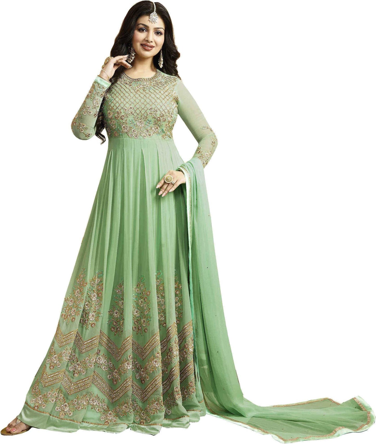 Sea Green with Golden Floral Embroidery Anarkali Suit-LKEDM-131