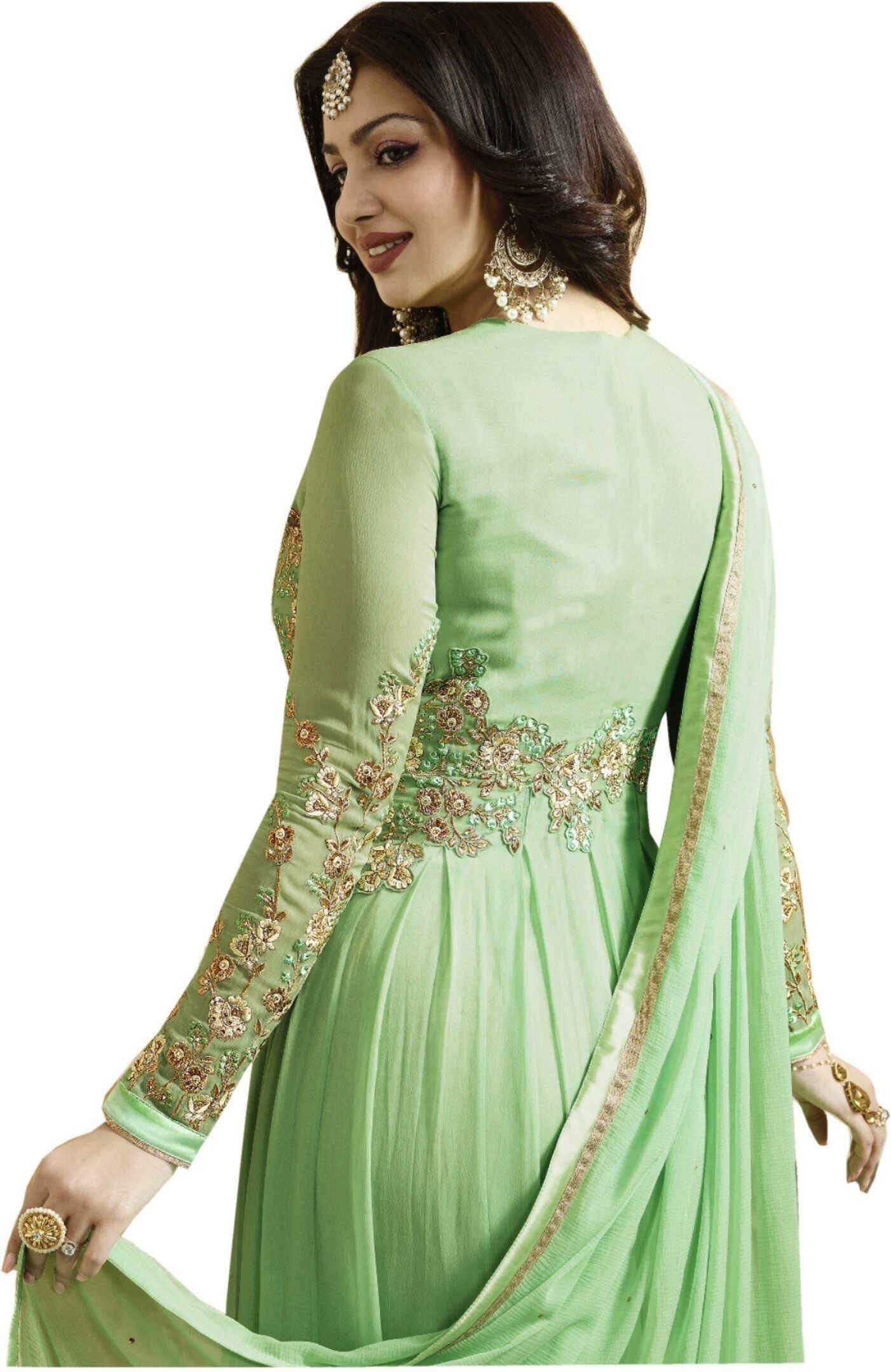 Sea Green with Golden Floral Embroidery Anarkali Suit