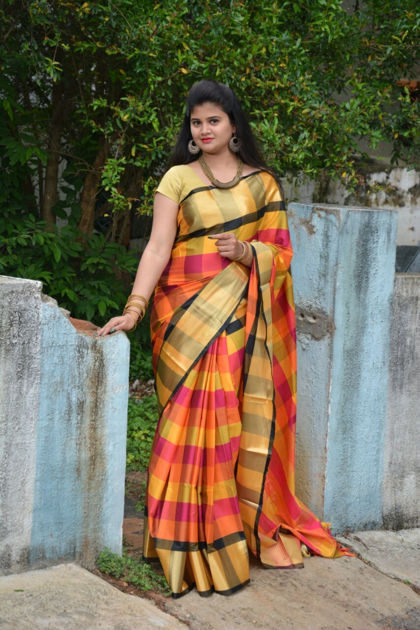 Gifted Gerbera Silk Cotton Saree-SKCSRE003 Orange, pink and yellow combination partywear with black