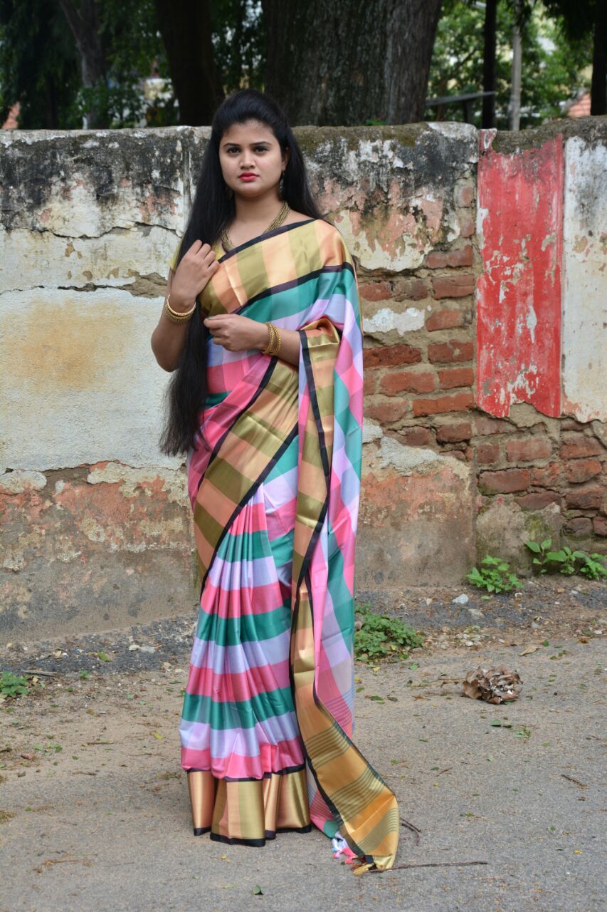 Mint Blossom Silk Cotton Saree-SKCSRE004 Light pink, blue and green chequered attractive saree.