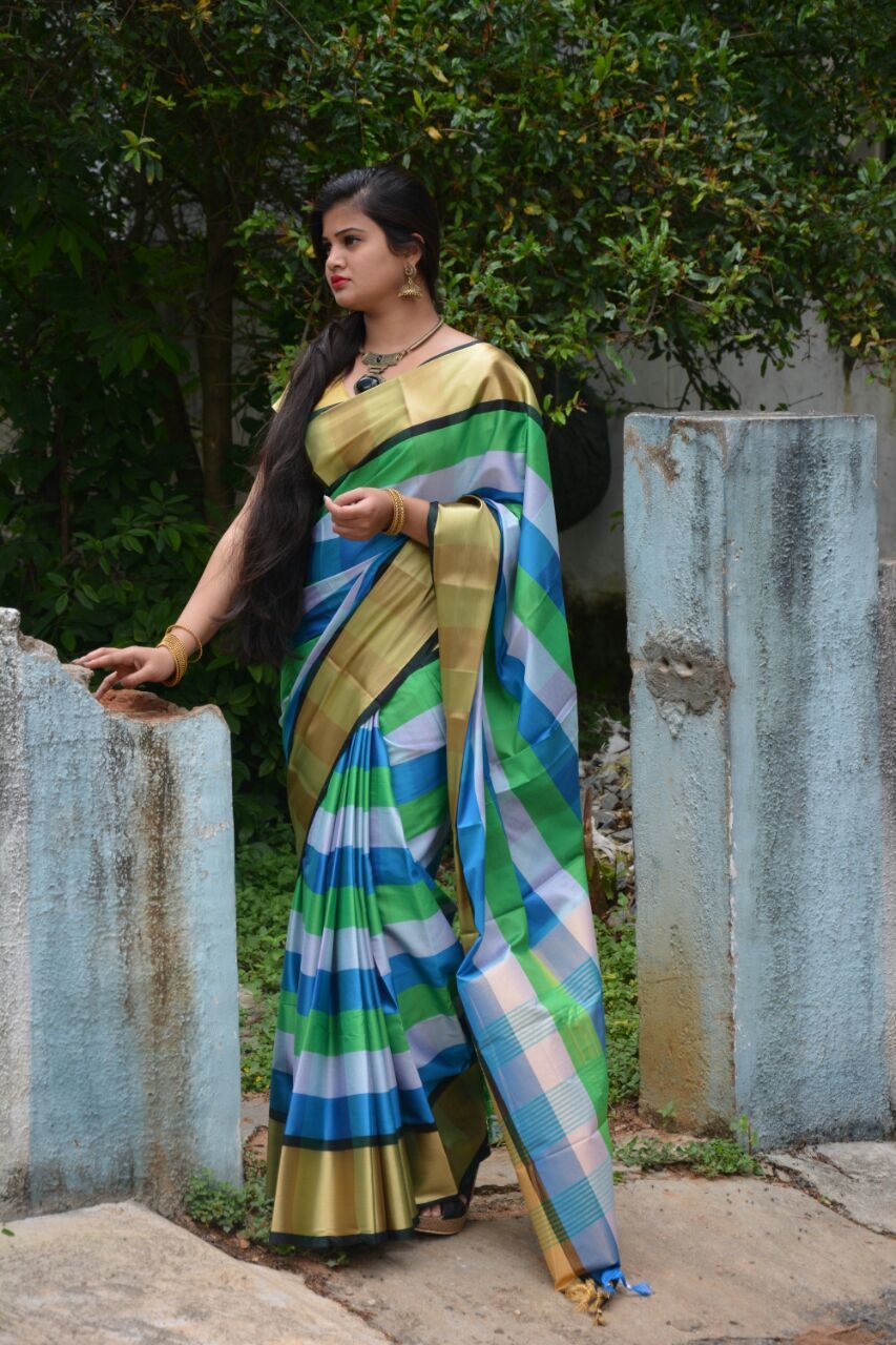 Cyan-Pear Duet Silk Cotton Saree-SKCSRE006 Shades of green and blue combination with golden borders