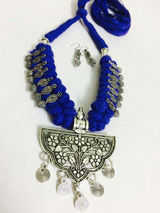 Silver Floral Antique Pendant Oxidised Jewellery Set-OXDJ-029