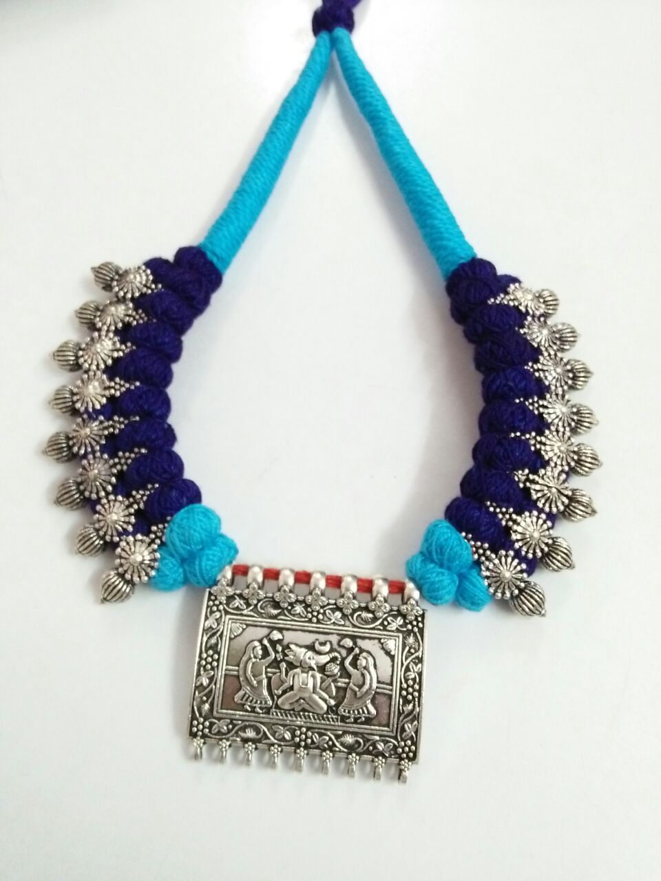Silver Ganesh Rectangle Antique Pendant Oxidised Jewellery Set-OXDJ-017