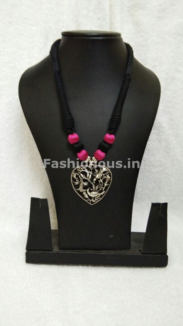 Silver Heart Pendant with Black and Pink Silk Thread Jewellery Set-STJS-005