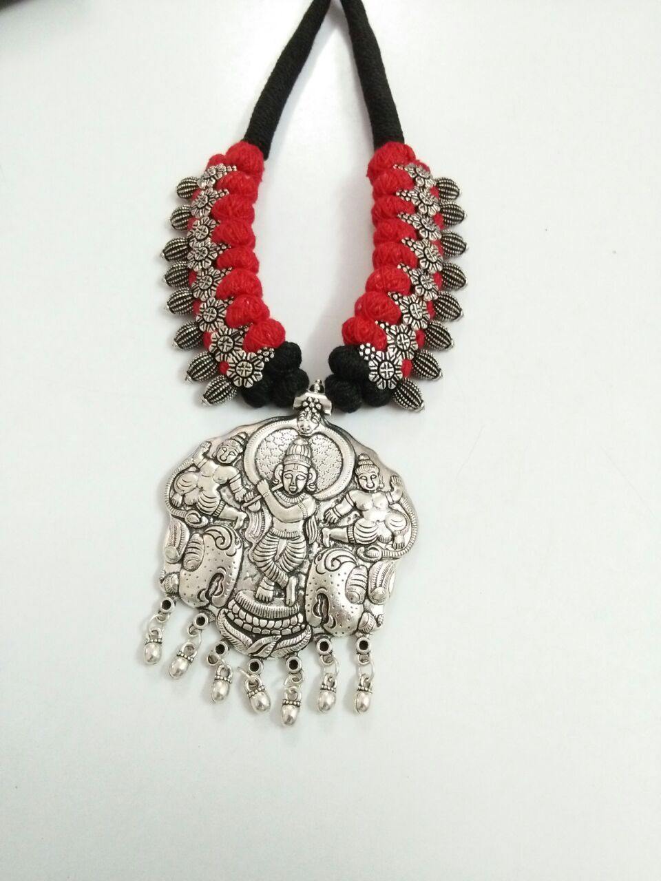 Silver Krishna Antique Pendant Oxidised Jewellery Set-OXDJ-021