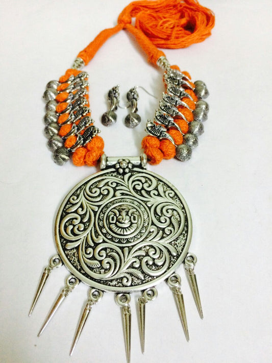 Silver Round Antique Pendant Oxidised Jewellery Set-OXDJ-026