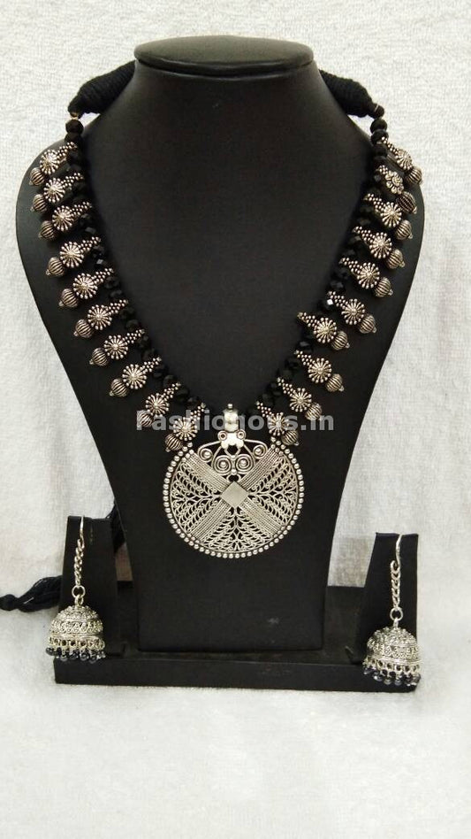 Silver Round Antique Pendant with Black Crystal Oxidised Jewellery Set-OXDJ-006