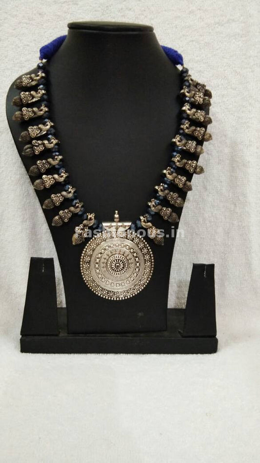 Silver Round Antique Pendant with Dark Blue Crystal Oxidised Jewellery Set-OXDJ-007
