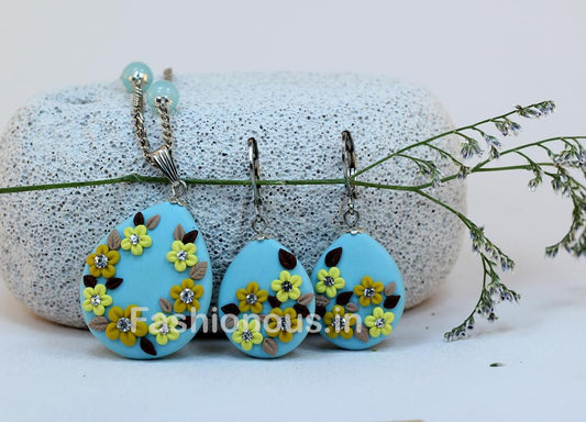 Sky Blue Floral Necklace and Earrings-ZAPCNS-015