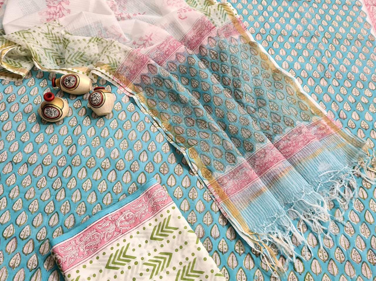 Sky Blue and Pink Handblock Unstitched Printed Cotton Suit