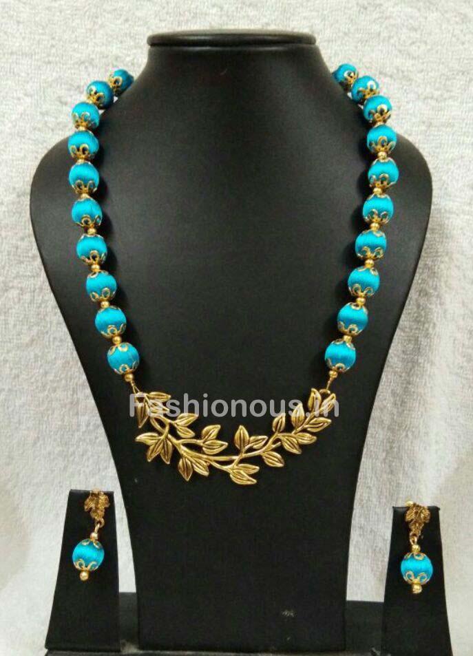 Sky Blue with Leaf Pendant Silk Thread Jewellery Set-STJSW-085