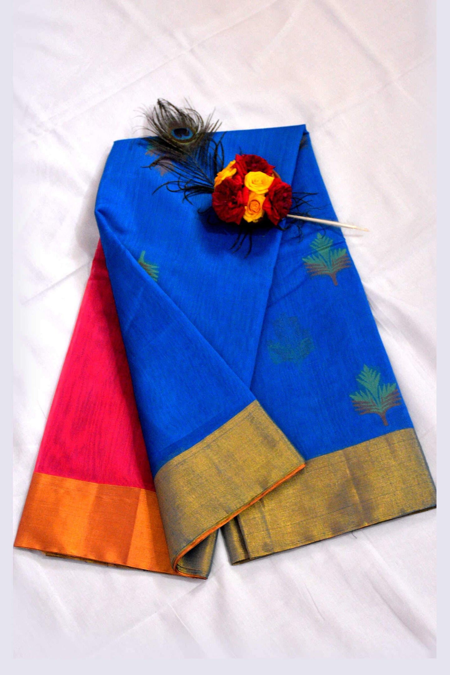 Sky Blue with Patli Pink Pleats and Blue Pallu Handwoven Chettinad Silk Cotton Saree