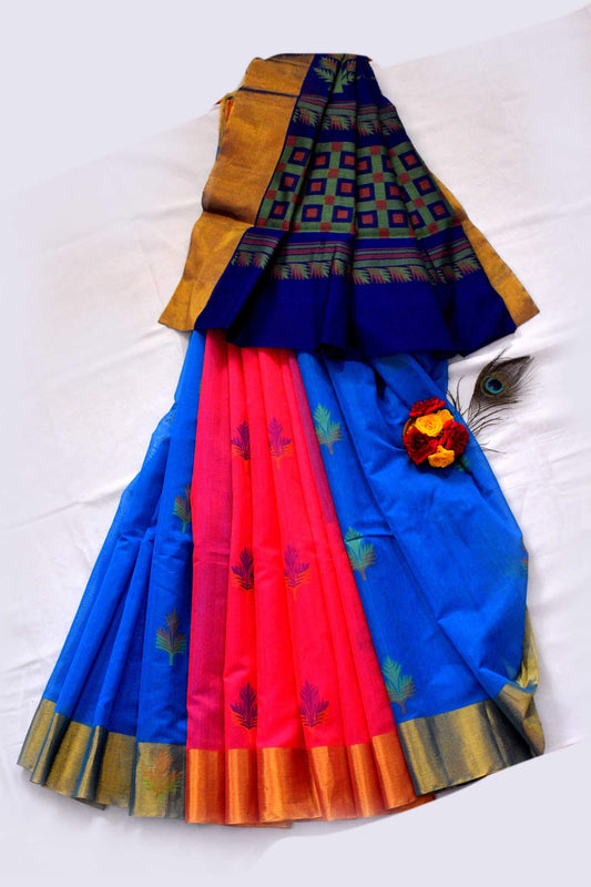 Sky Blue with Patli Pink Pleats and Blue Pallu Handwoven Chettinad Silk Cotton Saree