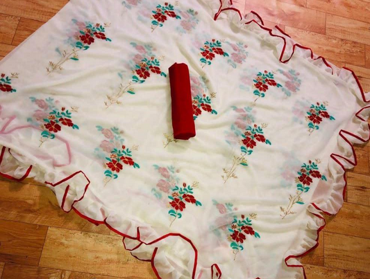 Snow White Ruffles Saree with Red Floral Embroidery-RS003