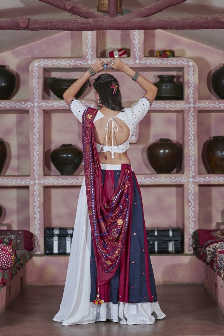 Snow White and Violet Lehenga with Mirror Embroidery