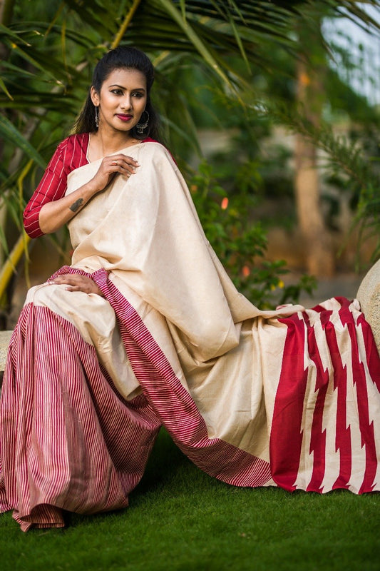 Sweet Caramel Silk Cotton Mix Saree-COTTONSRE002 Cream and maroon coloured lightweight saree