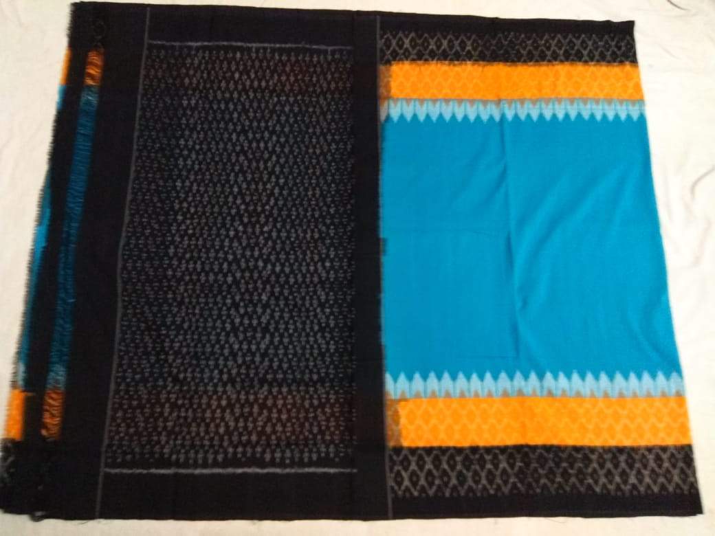 Sunset Sky Soft Mercerized Ikat Cotton Saree-007 Light blue and black coloured regular use saree