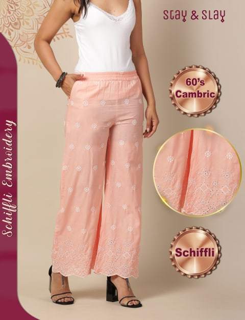 Cambric Emroidered Regular Palazzo for Women Coral