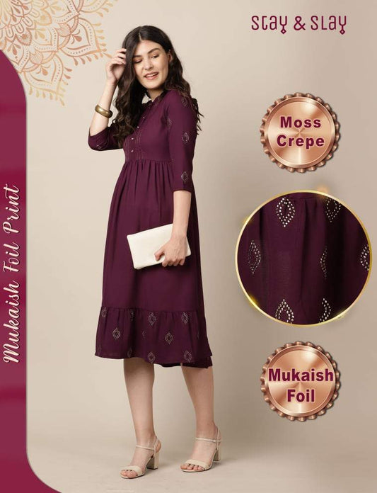 Moss Crepe Mukaish Foil Print Kurta / Indo-Western Dress for Women Purple