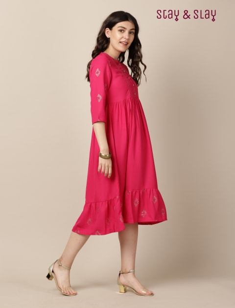 Moss Crepe Mukaish Foil Print Kurta / Indo-Western Dress for Women Fuchsia
