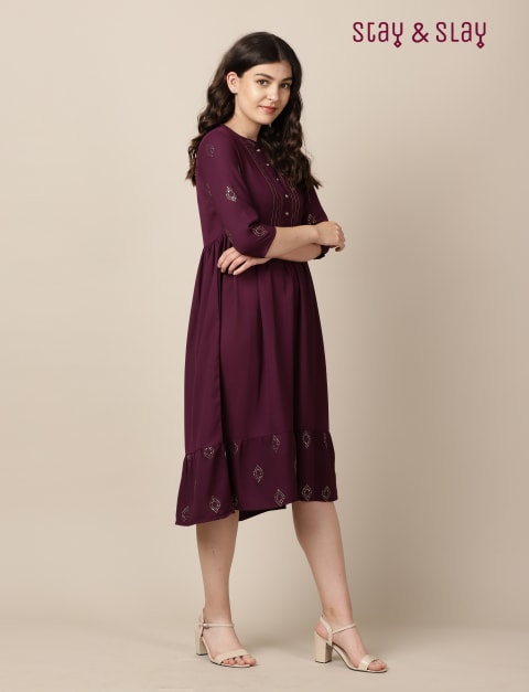 Moss Crepe Mukaish Foil Print Kurta / Indo-Western Dress for Women Purple